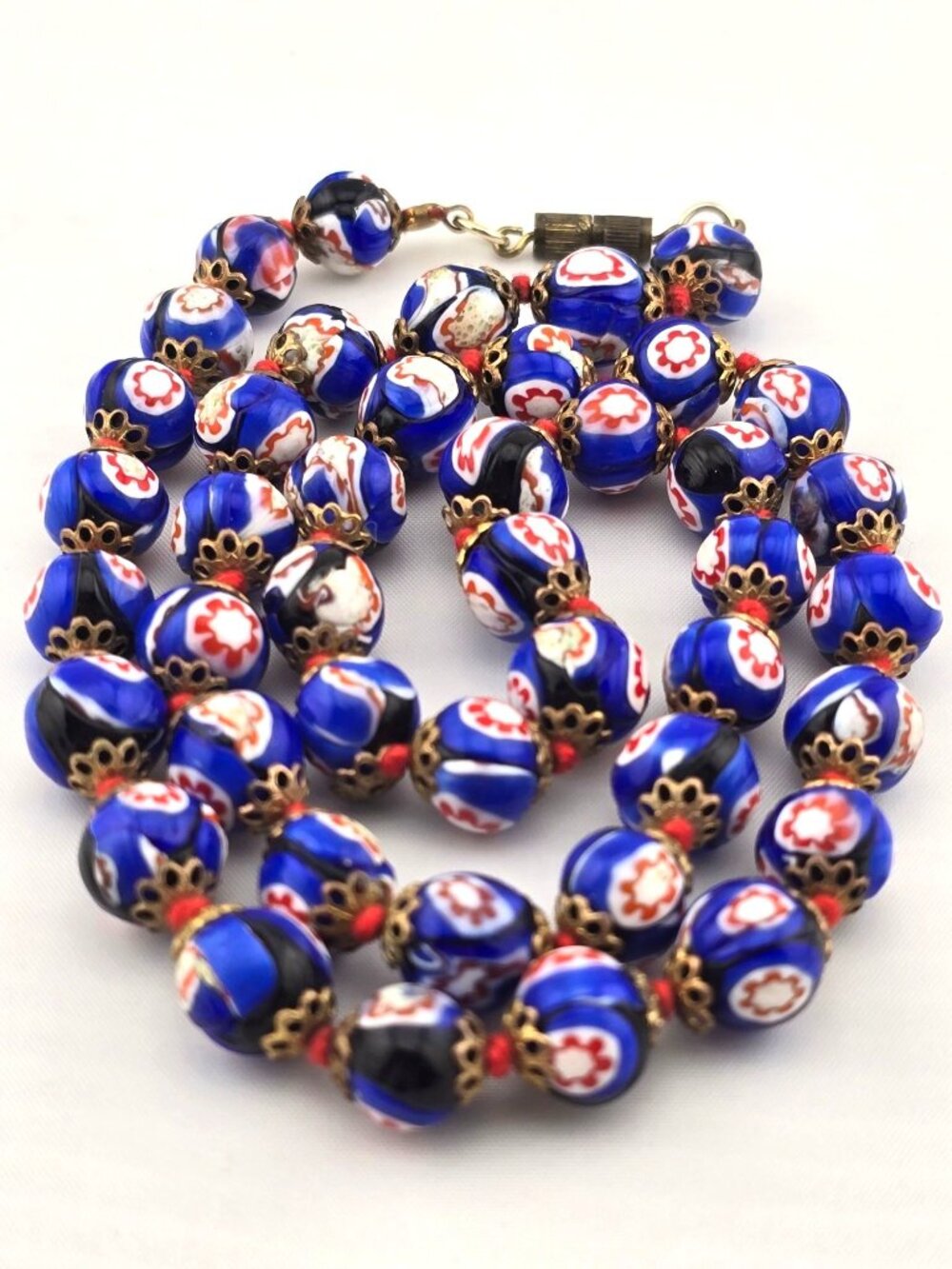 Vintage Cobalt Blue Millefiori Glass Bead Necklace 22" Hand Knotted Floral - Picture 2 of 7